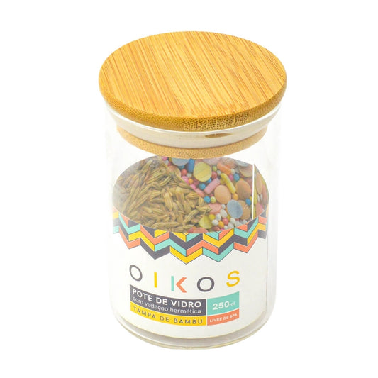 POTE 250ML DE VIDRO COM TAMPA DE BAMBU CIRCULAR MANTIMENTO - OIKOS NATURAL