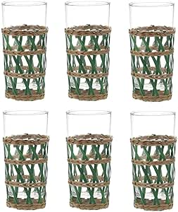 CJ DE 6 COPOS EM VIDRO E RATTAN 7,5cm X 6cm X 15,5cm