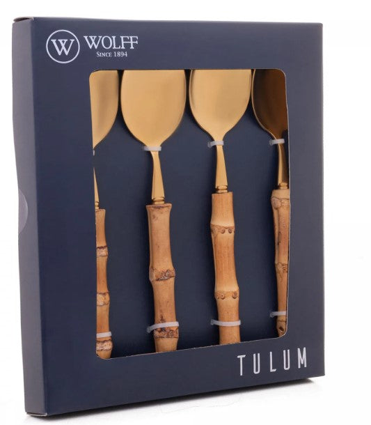 Cj 4 Colheres Sobremesa Inox C/cabo Bambu Tulum Dourado 16cm