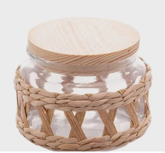 Porta Mantimentos de  Vidro com Sisal e Tampa de  Madeira 350ml
