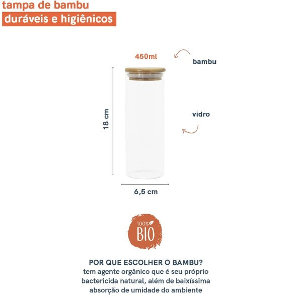 POTE 450ML DE VIDRO COM TAMPA DE BAMBU CIRCULAR MANTIMENTO - OIKOS NATURAL