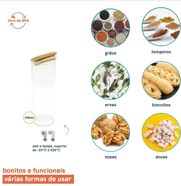POTE 450ML DE VIDRO COM TAMPA DE BAMBU CIRCULAR MANTIMENTO - OIKOS NATURAL