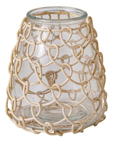 Vaso Decorativo Em Vidro Com Fibra Natural - 16 X 14cm
