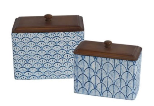 Conjunto de Potes  Azul e Branco - Metal e Madeira