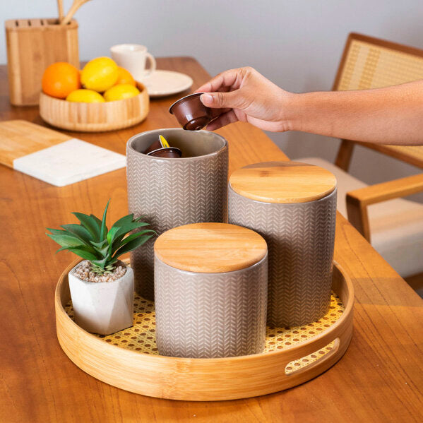 POTE ZIG ZAG DOLOMITA COM TAMPA DE BAMBU GRANDE 1,5L - OIKOS FENDI - AQUI VC DECORA