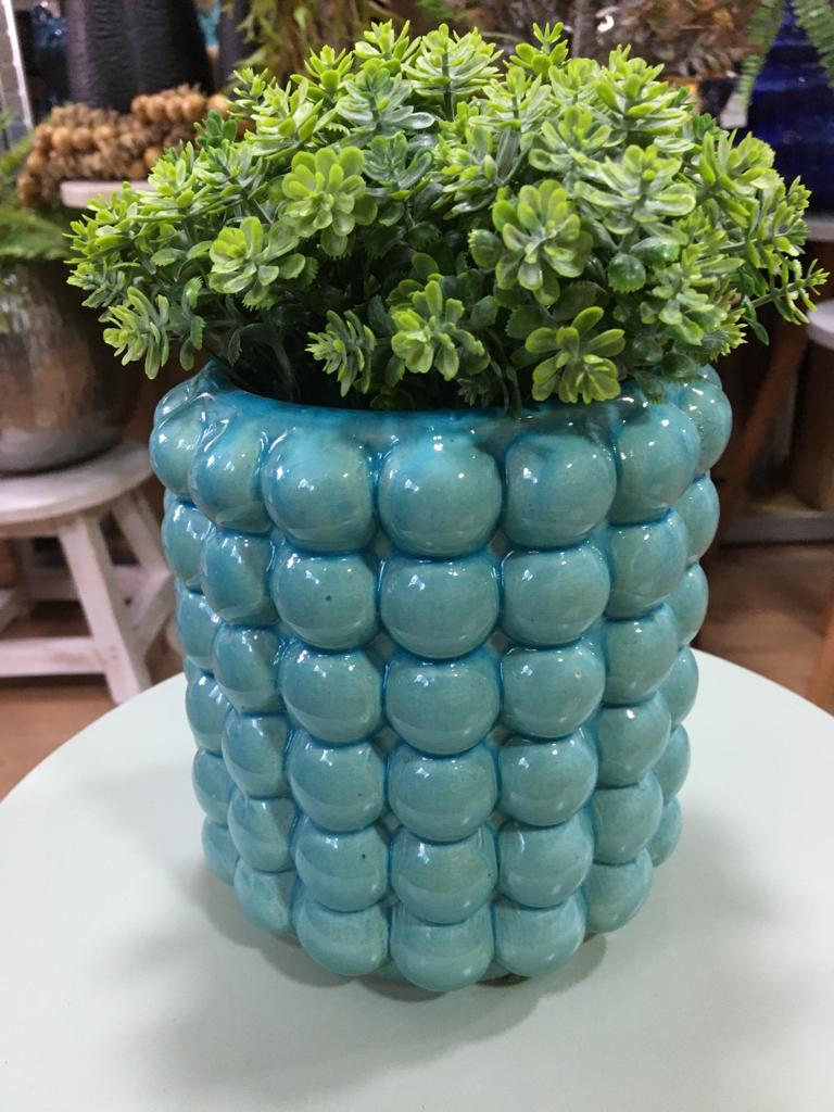 VASO CACHEPÔ BOLINHAS AZUL 15,4X13,5