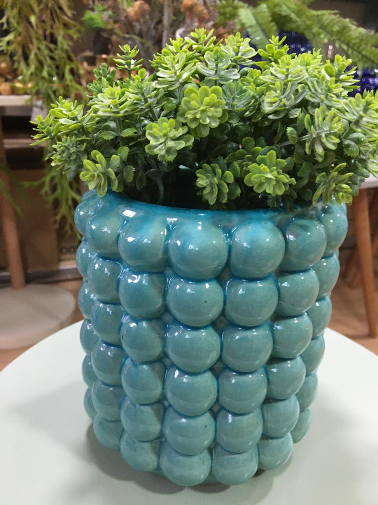 VASO CACHEPÔ BOLINHAS AZUL 15,4X13,5