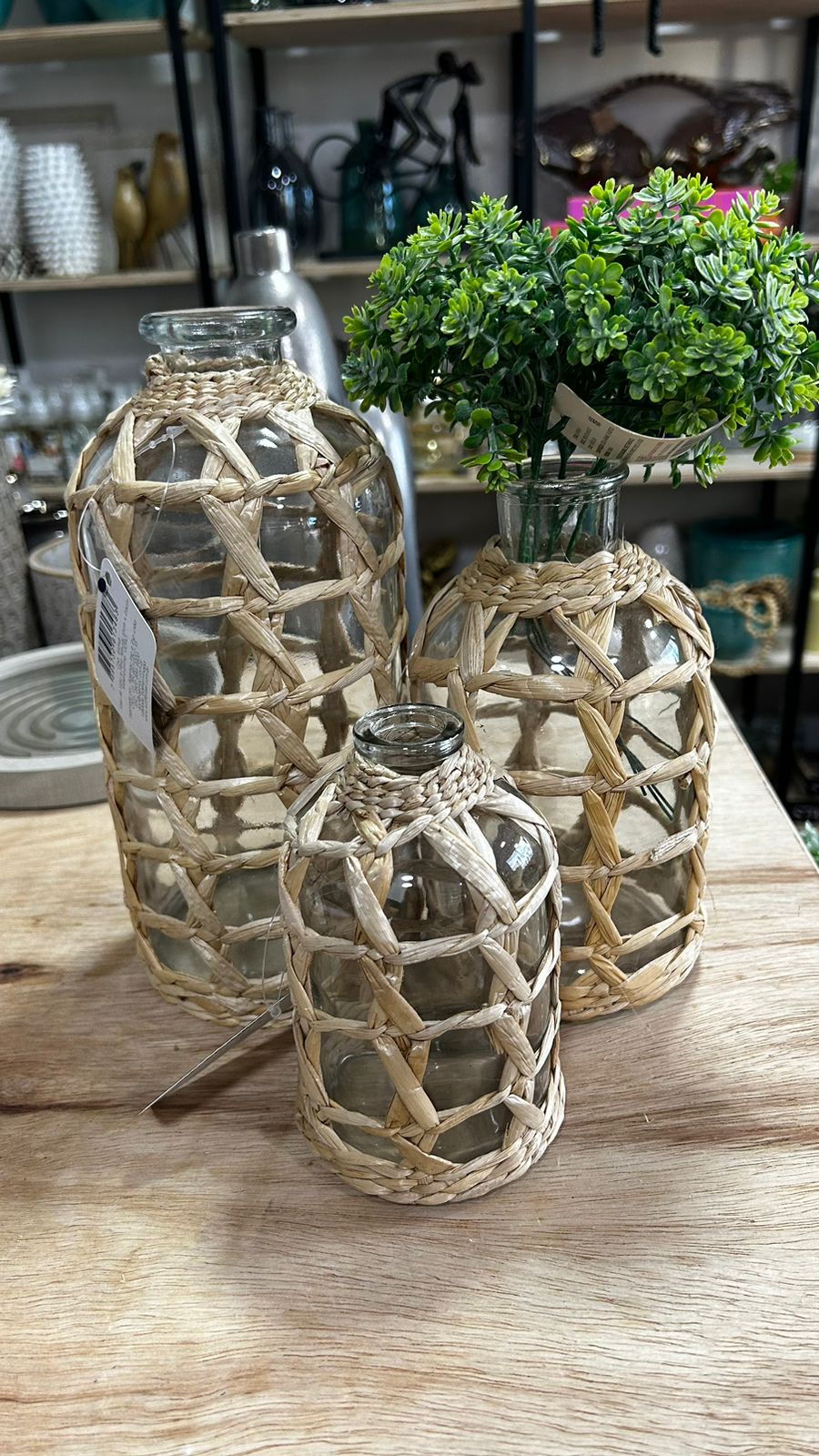 Vaso de Vidro e Fibra Natural 9cm x 15cm - Wolff - AQUI VC DECORA