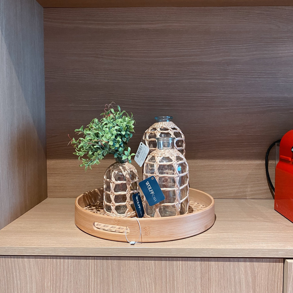 Vaso de Vidro e Fibra Natural 11cm x 19cm - Wolff - AQUI VC DECORA