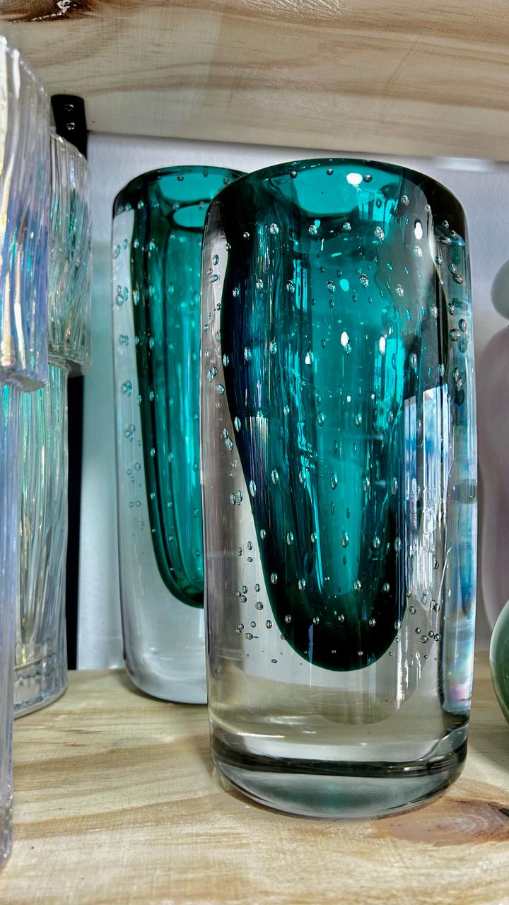 VASO DE VIDRO VERDE E TRANSPARENTE - AQUI VC DECORA