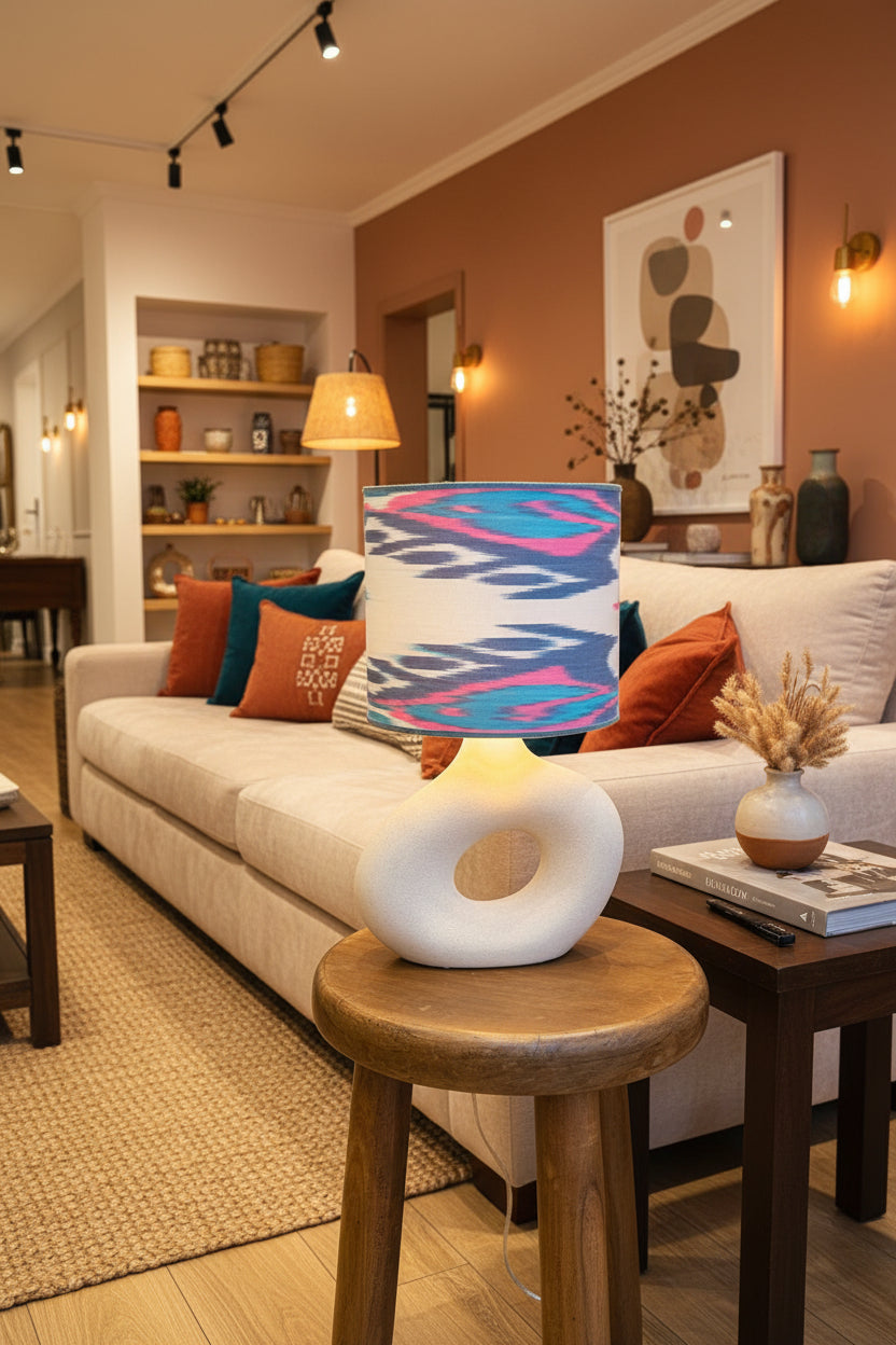 Abajur Elo — AQUI VC Decora | Base Escultural com Cúpula Estampada Ikat Importado