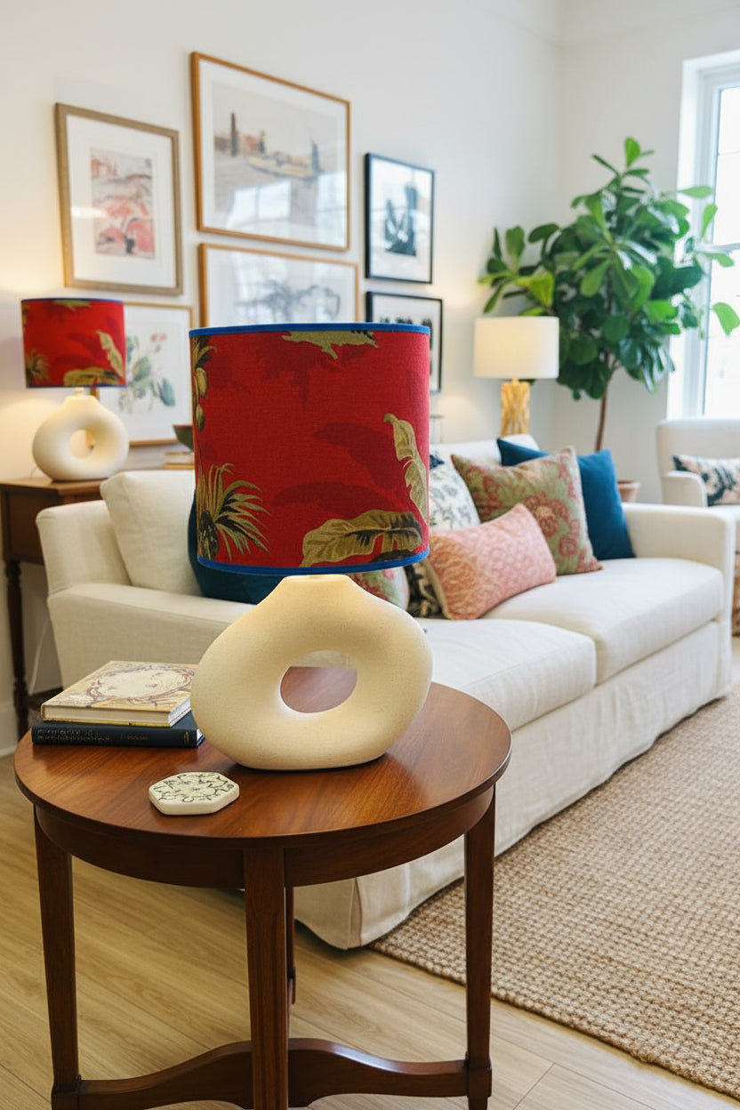 Abajur Elo — AQUI VC Decora | Base Escultural com Cúpula Estampada Vermelho e Folhas