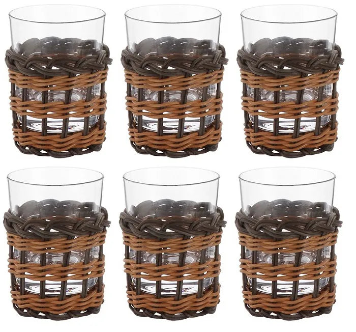 CJ. DE 6 COPOS EM VIDRO E RATTAN MARROM