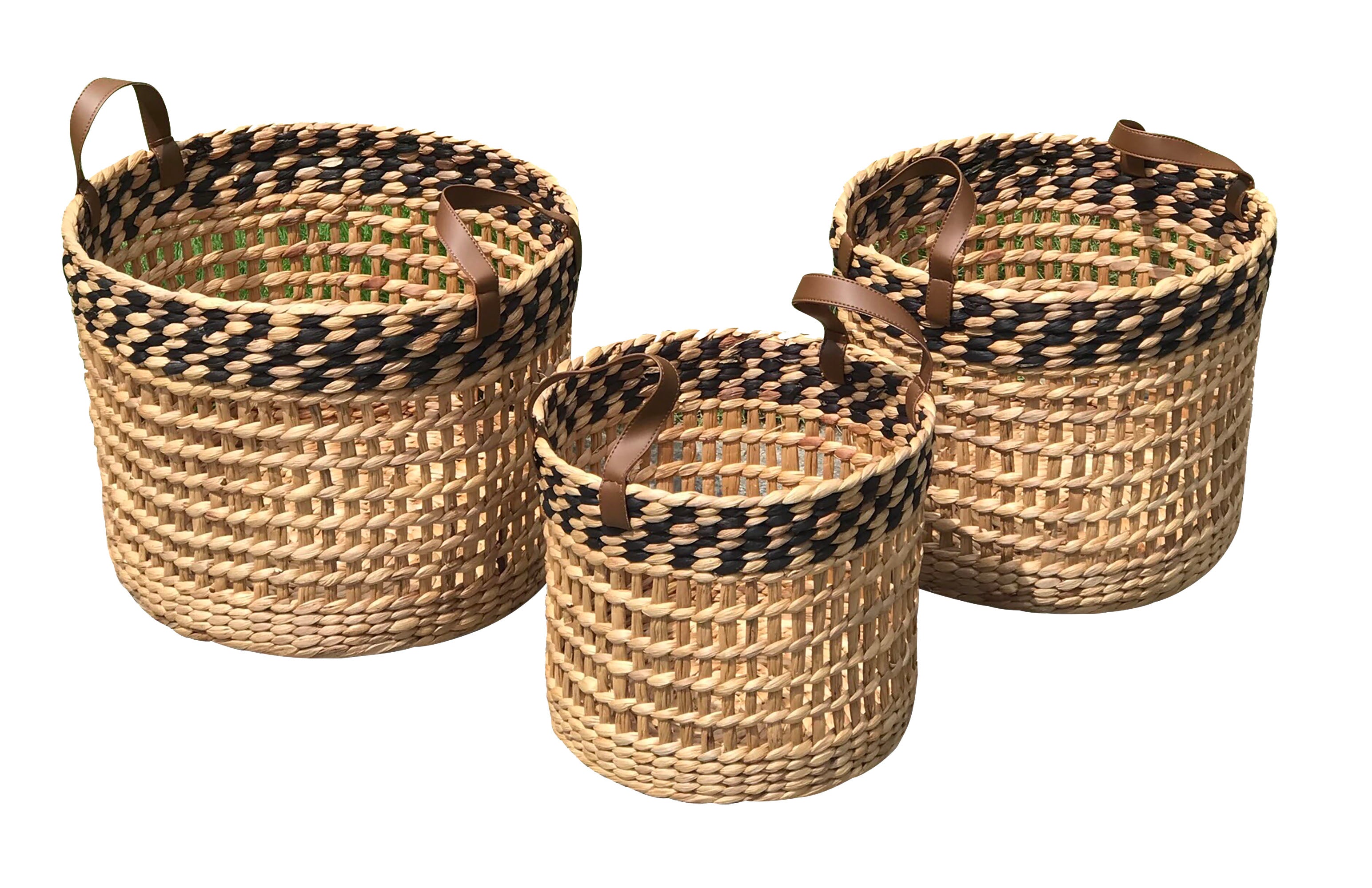 Conj De Cestos De Fibra Natural Com Detalhe Preto - 3 Pcs